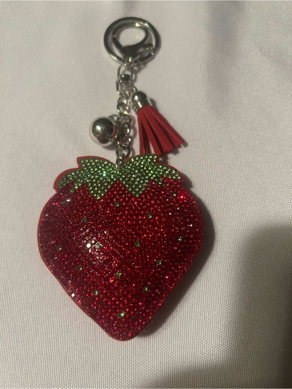 Sparkling Strawberry Keychain/Bag Charm with silver ball and Red Tassel